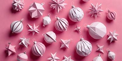 The primary subject of the image is a collection of pink and white paper Christmas ornaments. These ornaments are displayed on a pink background, creating a festive and cheerful atmosphere. The visual style of the image is a combination of digital art and illustration, as the ornaments are crafted from paper and arranged in a visually appealing manner. The colors and mood of the image are predominantly pink and white, evoking a sense of warmth and joy during the holiday season.